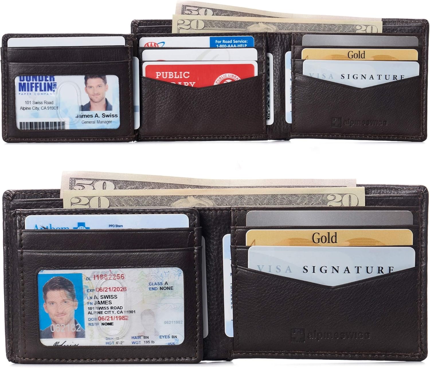 Alpine Swiss Mens Wallet for Men | RFID Protected Leather Mens Wallet | Spencer Bifold with Divided Bill Section | Gift Box | 2 ID Windows | 14 Card & Storage Pockets for Organization - Image 2