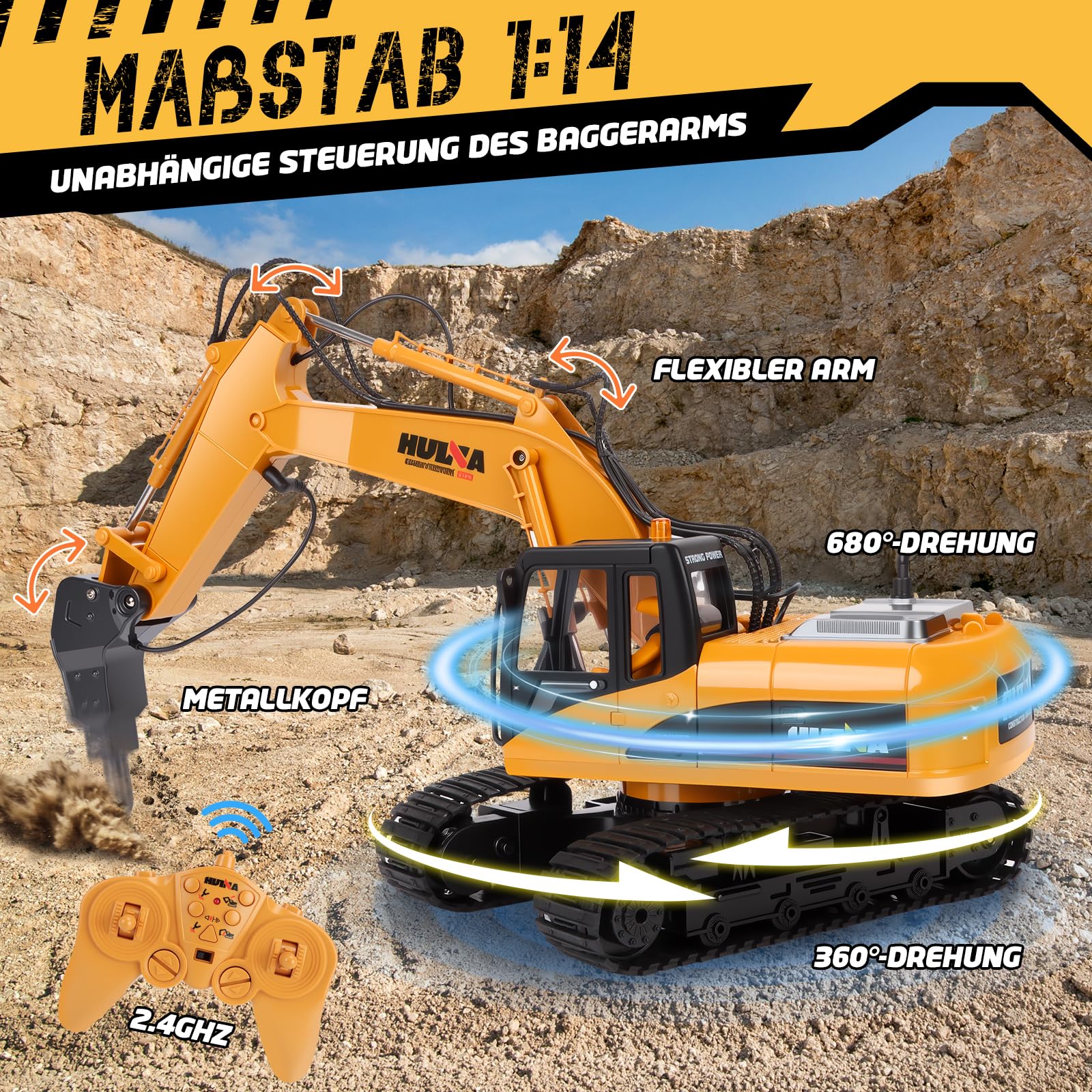 FORMIZON Löffel Hydraulikhammer Holzgreifer 3-in-1 2.4GHz Ferngesteuerter Bagger ab 8 Jahre, 1:14 Maßstab 15CH Anbaugeräte aus Metalllegierung Bagger Spielzeug ab 8 9 10 11 12 Jahre Jungen Geschenk