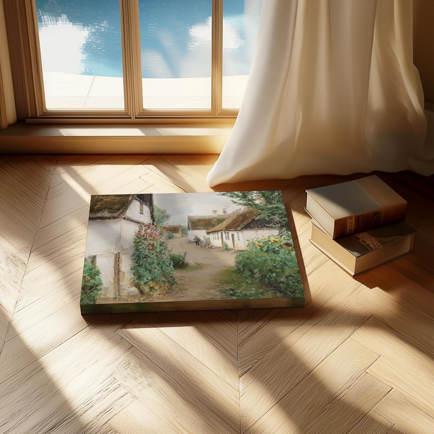 Poster Master Vintage Flower Canvas - Summer Day in a Village with Sunflowers and Red Hollyhocks Print - Floral Art - Gift for Men & Women - Decor for Bedroom or Dorm - 8x10 STRETCHED Canvas