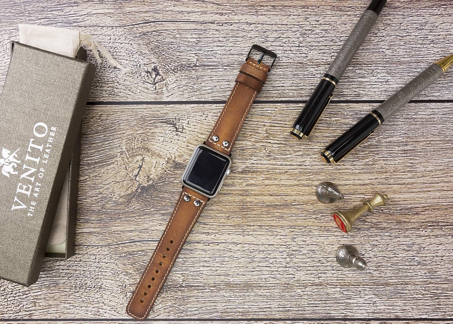 Hоlіdау Dеаlѕ 🛒 Venito Como Handmade Premium Leather Watch Band Compatible with The Newest Apple Watch iwatch Series 6 as Well as Series 1,2,3,5,6,7,SE (Antique Brown w/Black Stainless Steel Hardware, 42mm-44mm)