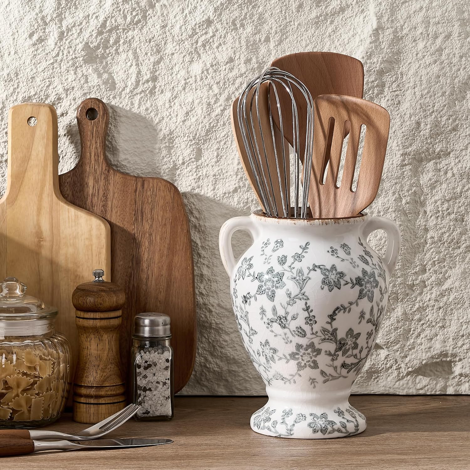 7.87 Inch Vintage Gray Chinoiserie Floral Vase, Antique Rustic Ceramic Vase for Home Decor, Living Room, Bookshelf, Office, Entryway, Garden, Chinoiserie Decor, Tuscan Decor