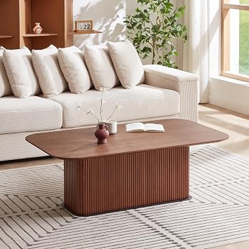 Wooden Oval Coffee Table, Modern Drum Handcrafted Tea Table with Sturdy Ripple Pedestal, Elegant Fluted Design Dining Room Table for Living Room, Apartment Walnut