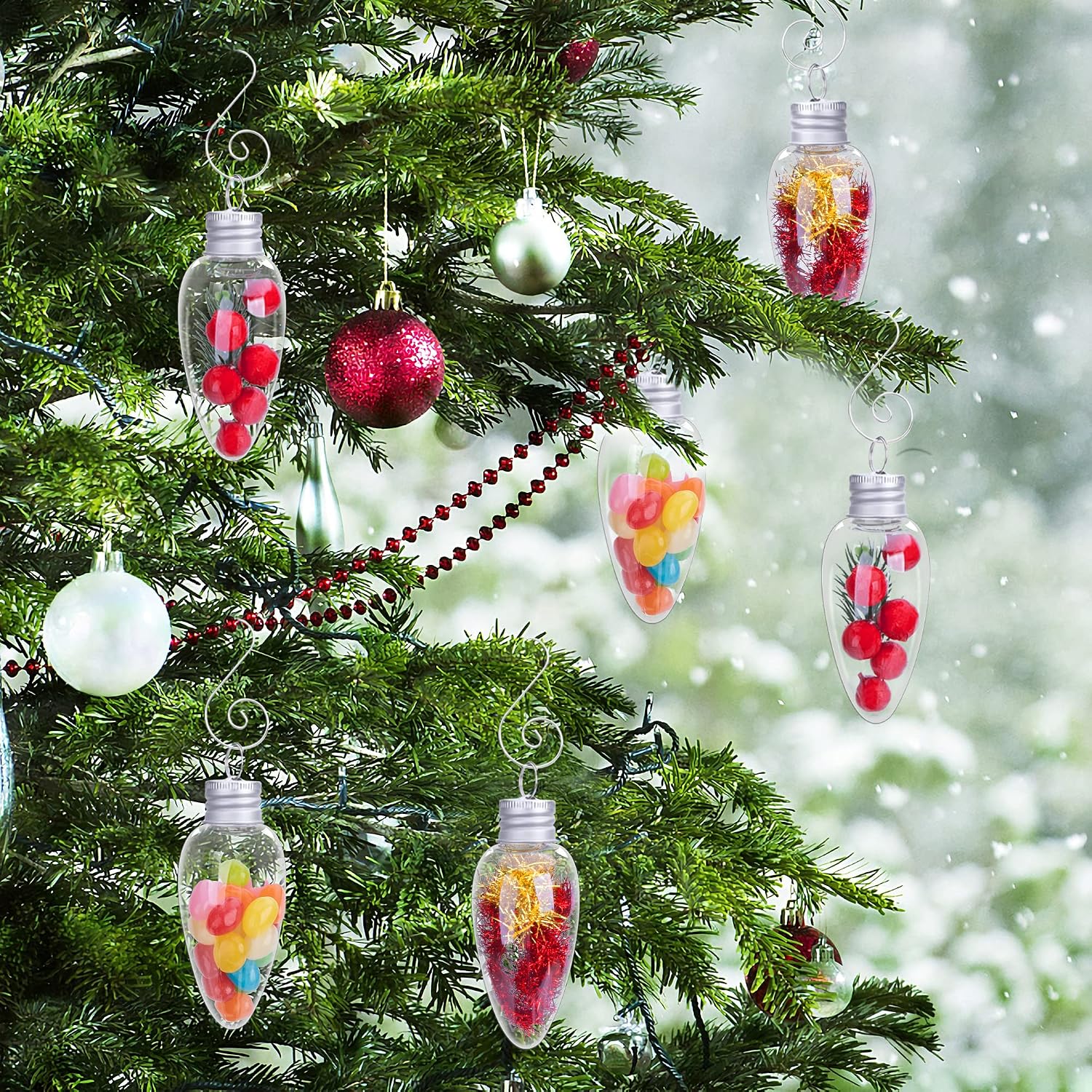 Watayo 24 PCS Christmas Booze Balls, Fillable Booze Tree Ornaments with S Hook, Light Bulb Ornaments for Crafts, Clear Plastic Xmas Decoration Boozes Ball for Xmas Home Party Decor