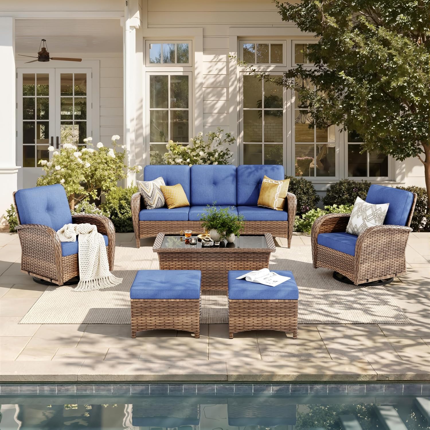 Sophia & William Patio Furniture Set, 6-Piece Wicker Rattan Outdoor Conversation Set, 3-Seat Sofa Couch, 2 Swivel Glider Chairs, 2 Muti-Functional Ottomans and 1 Glass Coffee Table with Cushions, Navy