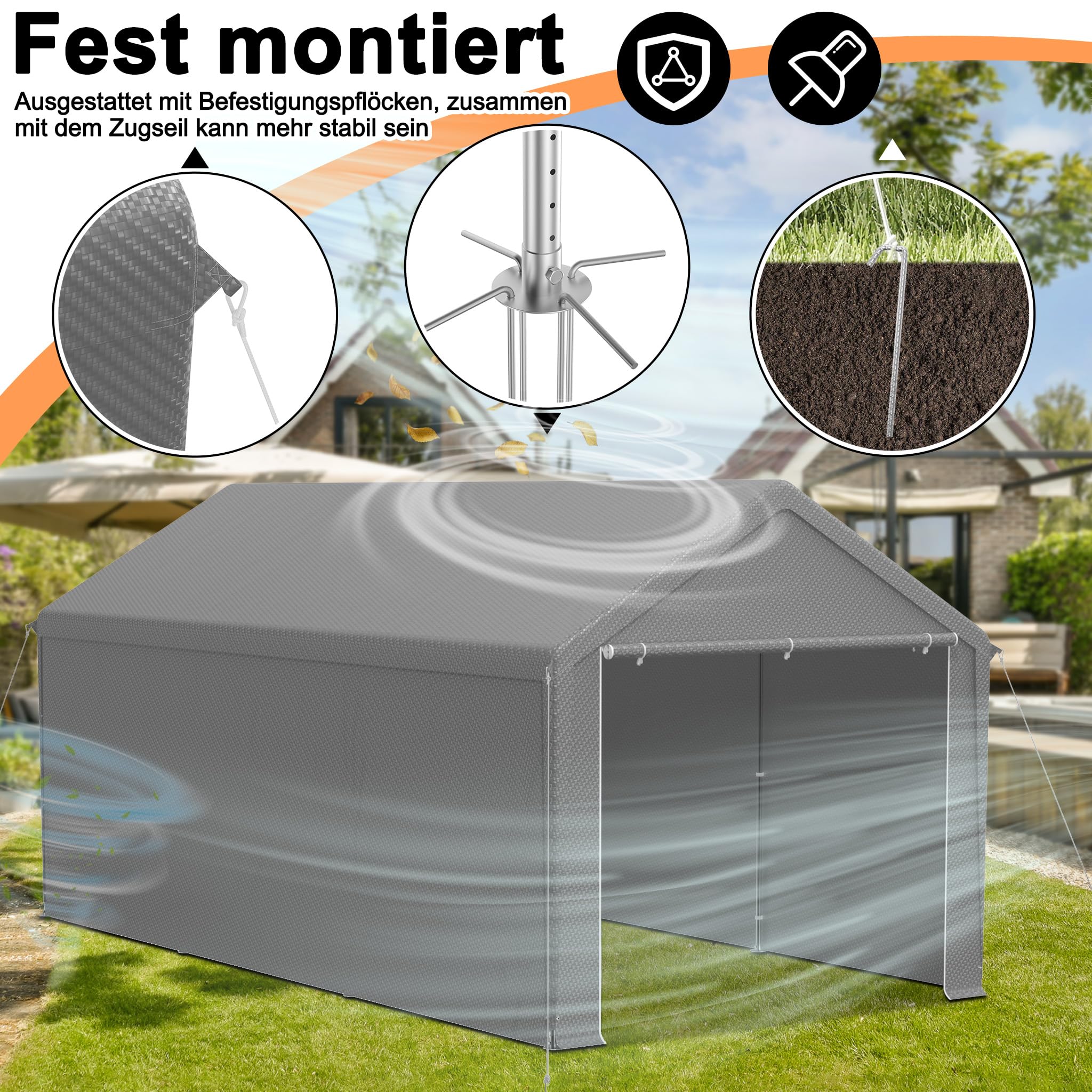 Aufun Carport Zeltgarage 3x6m, Wasserdichtes Lagerzelt mit PE-Dach, Reißenresistenter Garagenzelt mit abnehmbaren Seitenwänden, UV-beständig Winterfest Unterstand für Auto, SUV, LKW, Boot, Grau