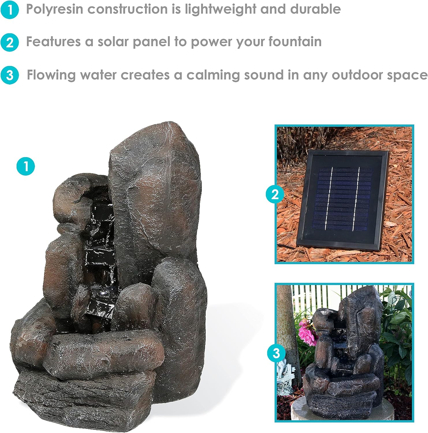 Sunnydaze Rock Falls 22-Inch Solar Fountain with Battery Backup and LED Lights - Submersible Pump - Polyresin and Fiberglass