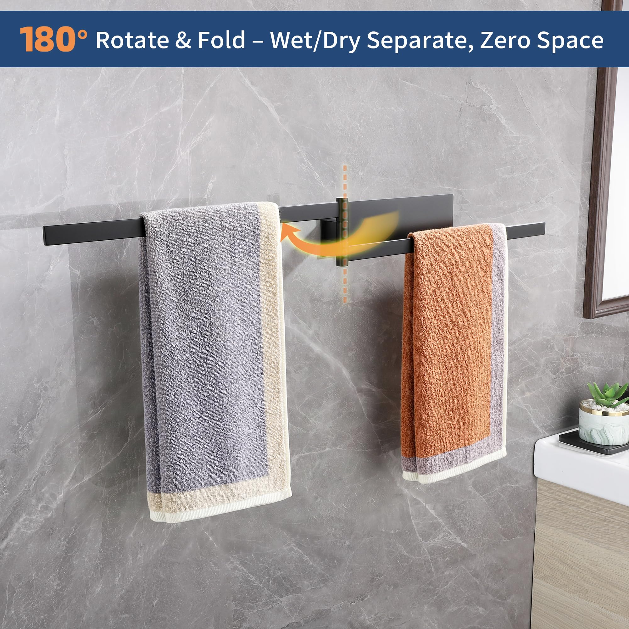 Porta Asciugamani Bagno Adesivo, Adesivo Portasciugamani Doppio e Girevole a 180°, Senza Foratura Porta Asciugamano da Parete in Acciaio SUS304, Nero Porta Salviette da Cucina e Doccia, 39cm