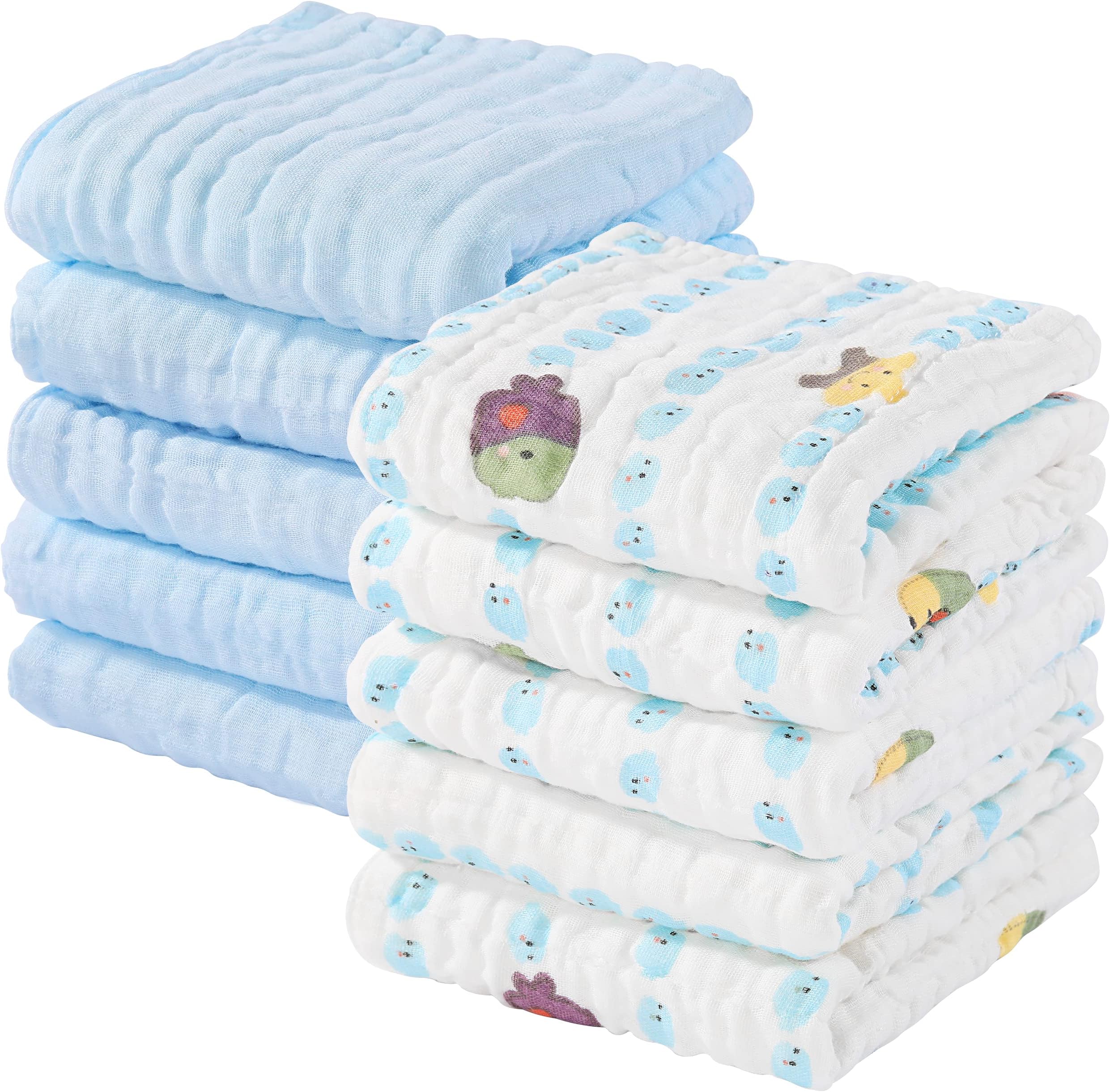 Yoofoss 100% Cotton Muslin Baby Washcloths 10 Pack Soft and Absorbent 12x12in Face Towels by Yoofoss (Blue)