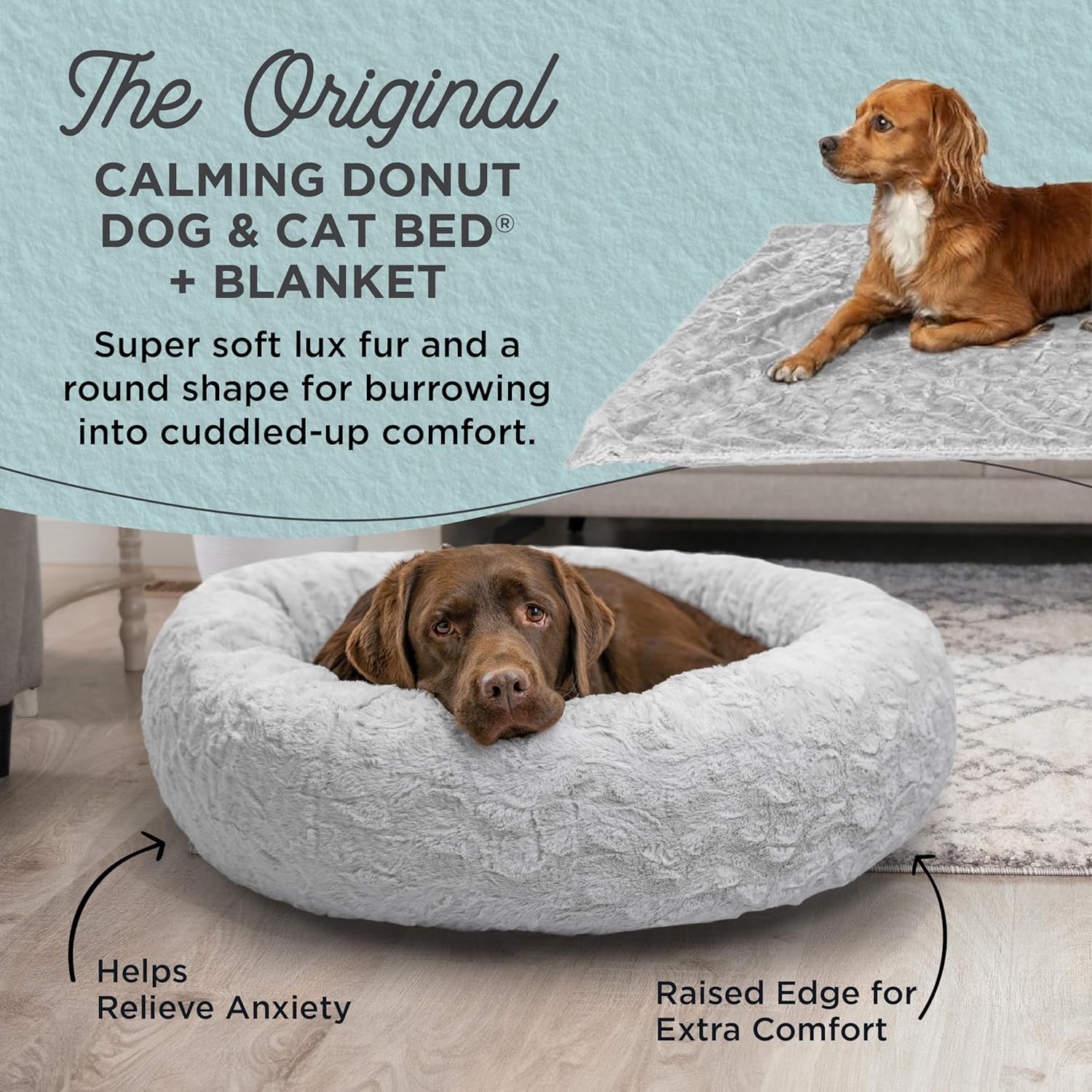 Best Friends by Sheri Bundle Set The Original Calming Lux Donut Cuddler Cat and Dog Bed + Pet Throw Blanket, Gray, Large, 36x36