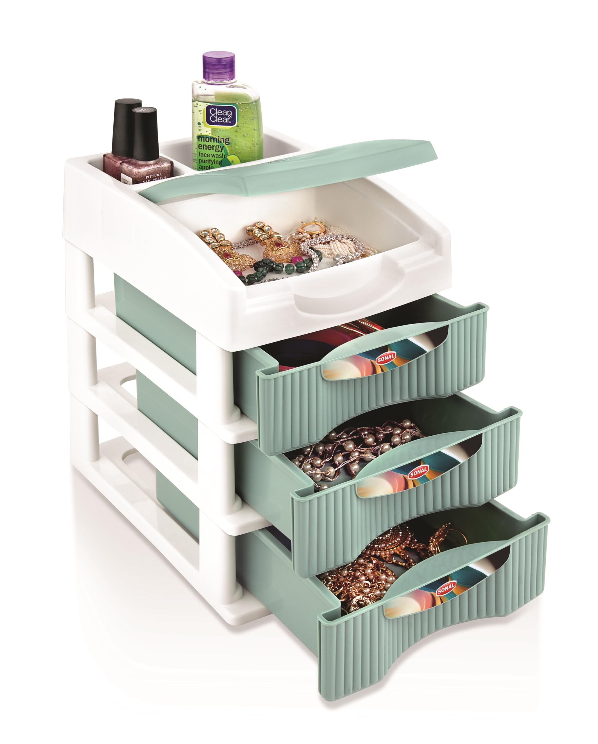 moltres-spacia 3 (mini size) desktop organizer plastic drawers -size(25x23x17) cm-multipurporse free standing cabinet drawer for cosmetic, make-up organizer, jewelery & office. (green, spacia 3)