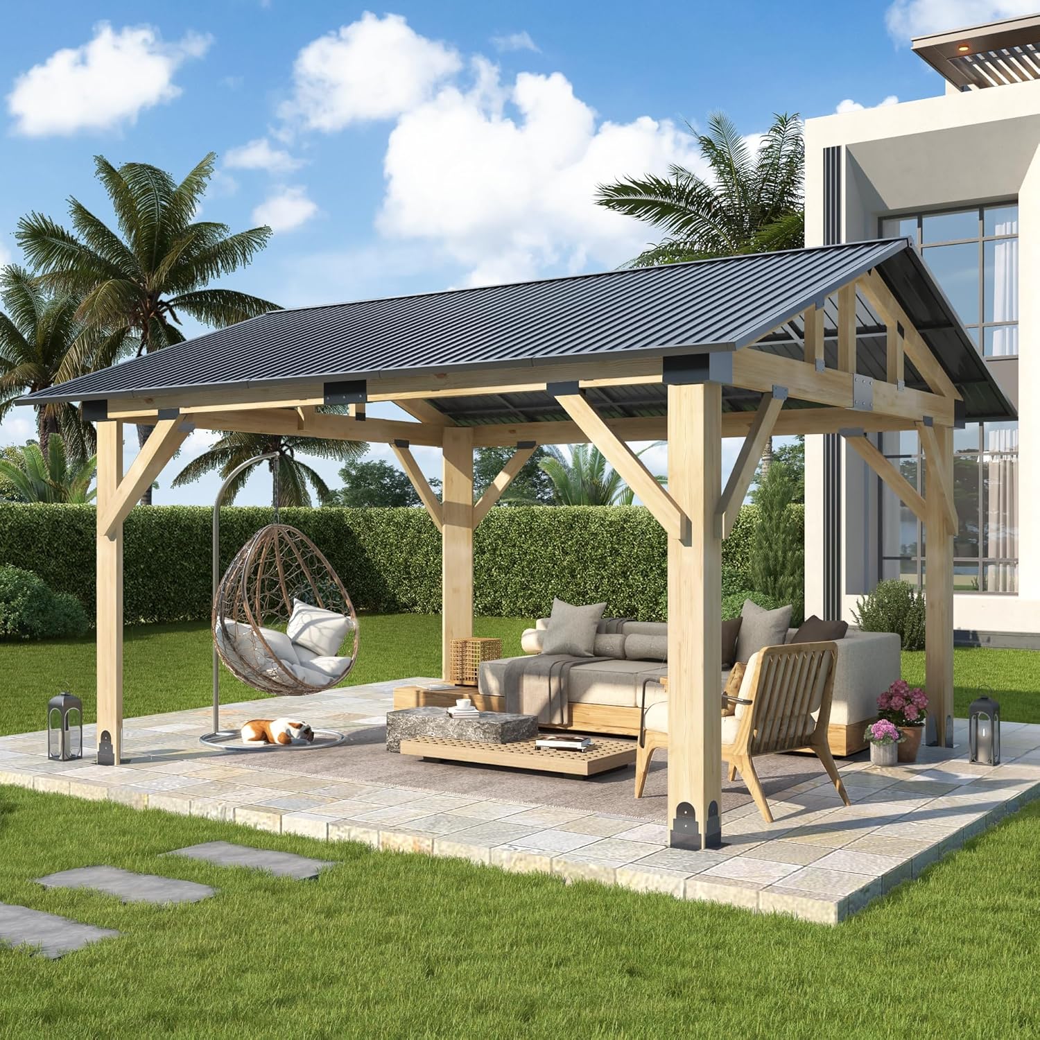COVERONICS 11’x13’ Outdoor Wood Gazebo with Gable Roof - Patio Galvanized Steel Hardtop Gazebos Canopy Wooden Carport Pavilion for Porch, Garden, Deck, Backyard