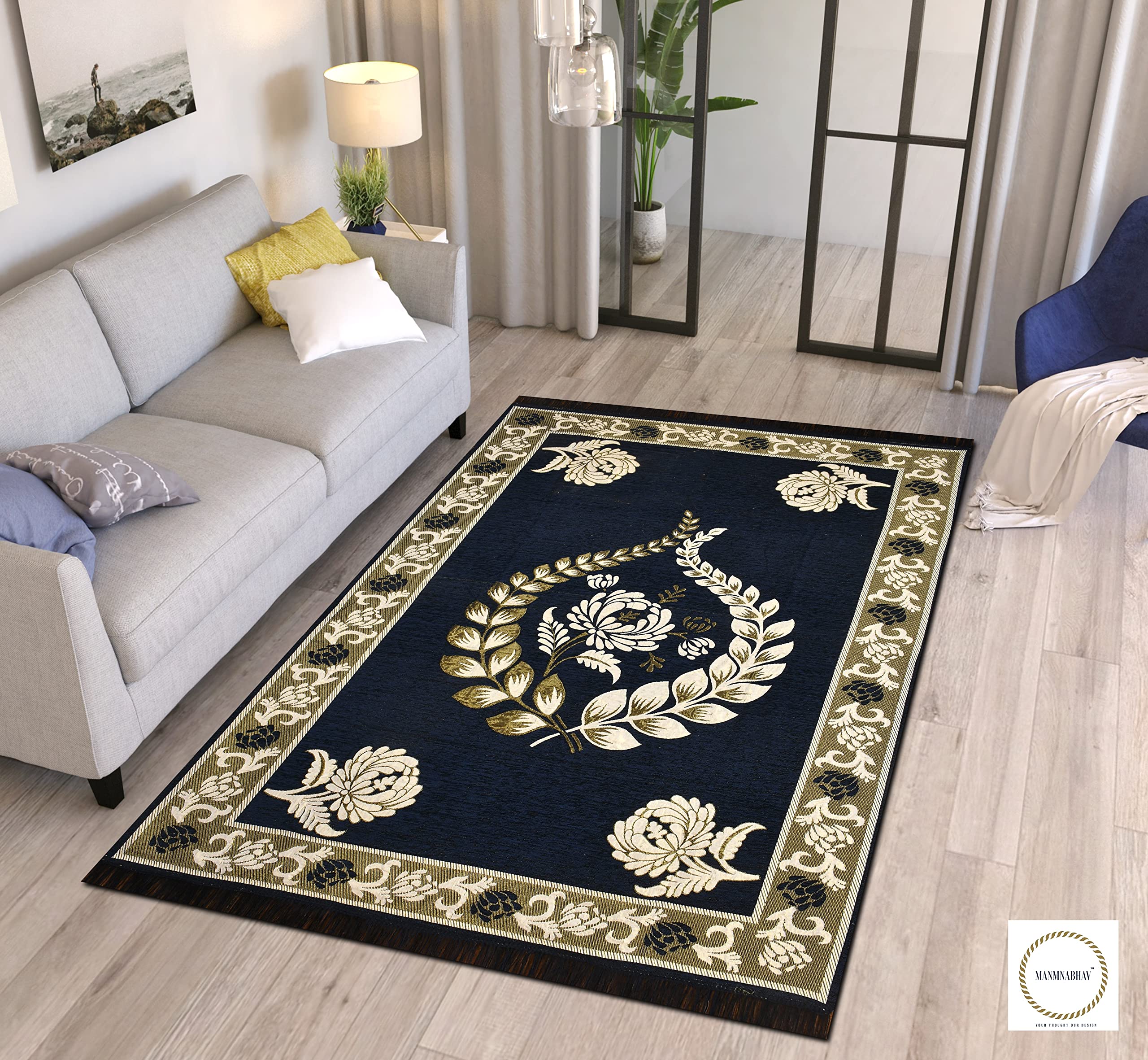 MANMNABHAV Chenille Carpet/Velvet Touch Runner/Carpet for Living Room, Bedroom,Yoga Hall, 5 ft x 7 ft, Navy Blue Color