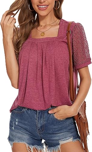 andy & natalie Womens Summer Short Sleeve Tops Square Neck Lightweight Puffer Sl