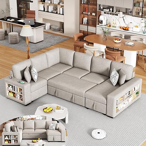 FANYE U-Shaped Sleeper Sectional Sofa W/Pull Out Sleep Couch Bed for Living Room, Chenille Upholstered Convertible Sofabed with Storage Chaise,Large Capacity Racks, USB & Type-C Ports and 4 Pillows