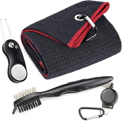 Mile High Life Microfiber Waffle Pattern Golf Towel | Club Groove Cleaner Brush | Foldable Divot Tool with Magnetic Ball Marker