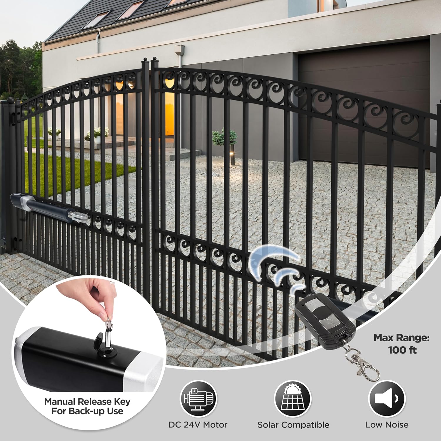 Gate opener installed on a gate with remote control and manual release key