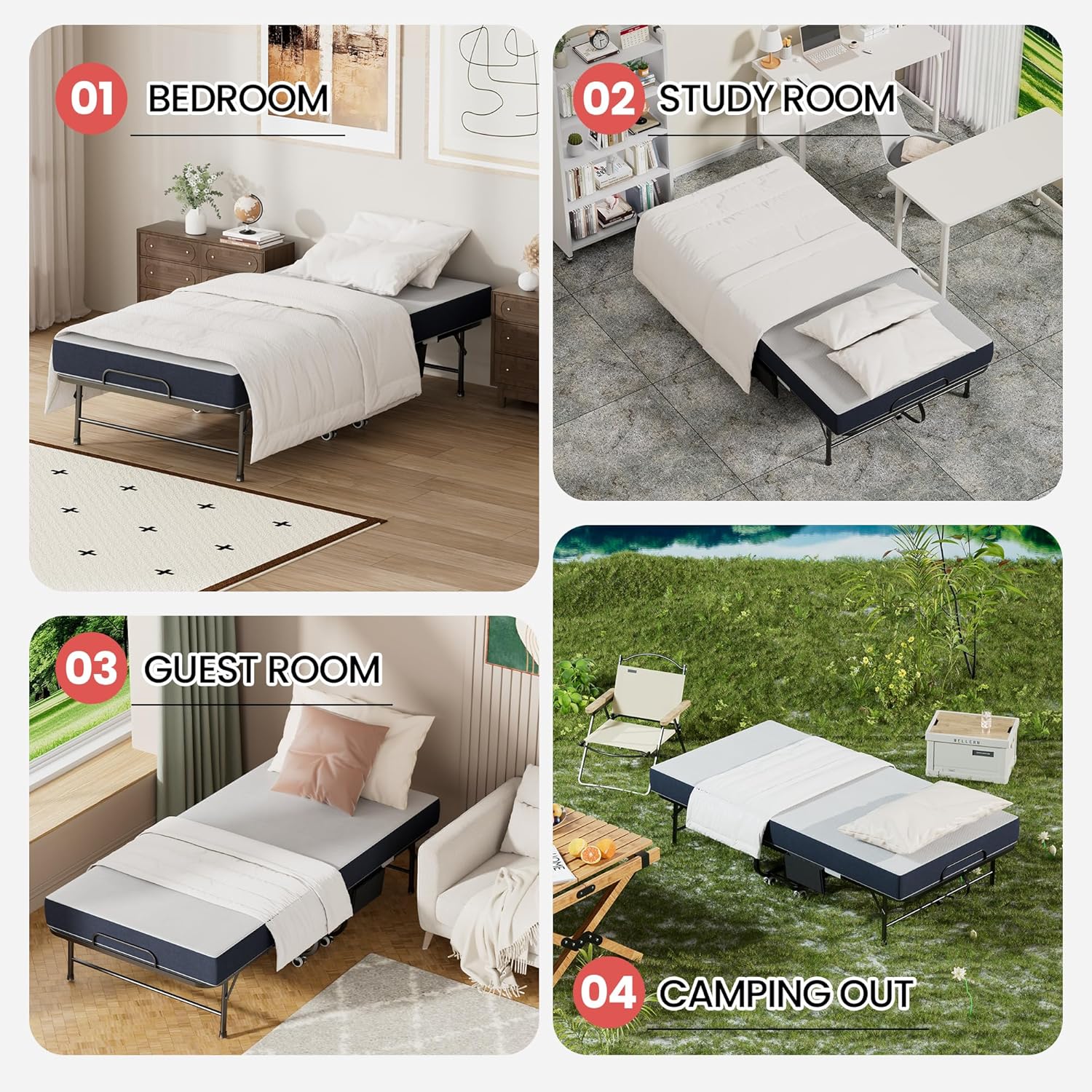 75"x31" Folding Bed with Mattress for Adults,Portable Roll Away Bed with Wheels & Side Pocket,4.7" Thick Memory Foam Mattress Foldable Metal Bed Frame for Guest Hideaway Rollaway Space Saving