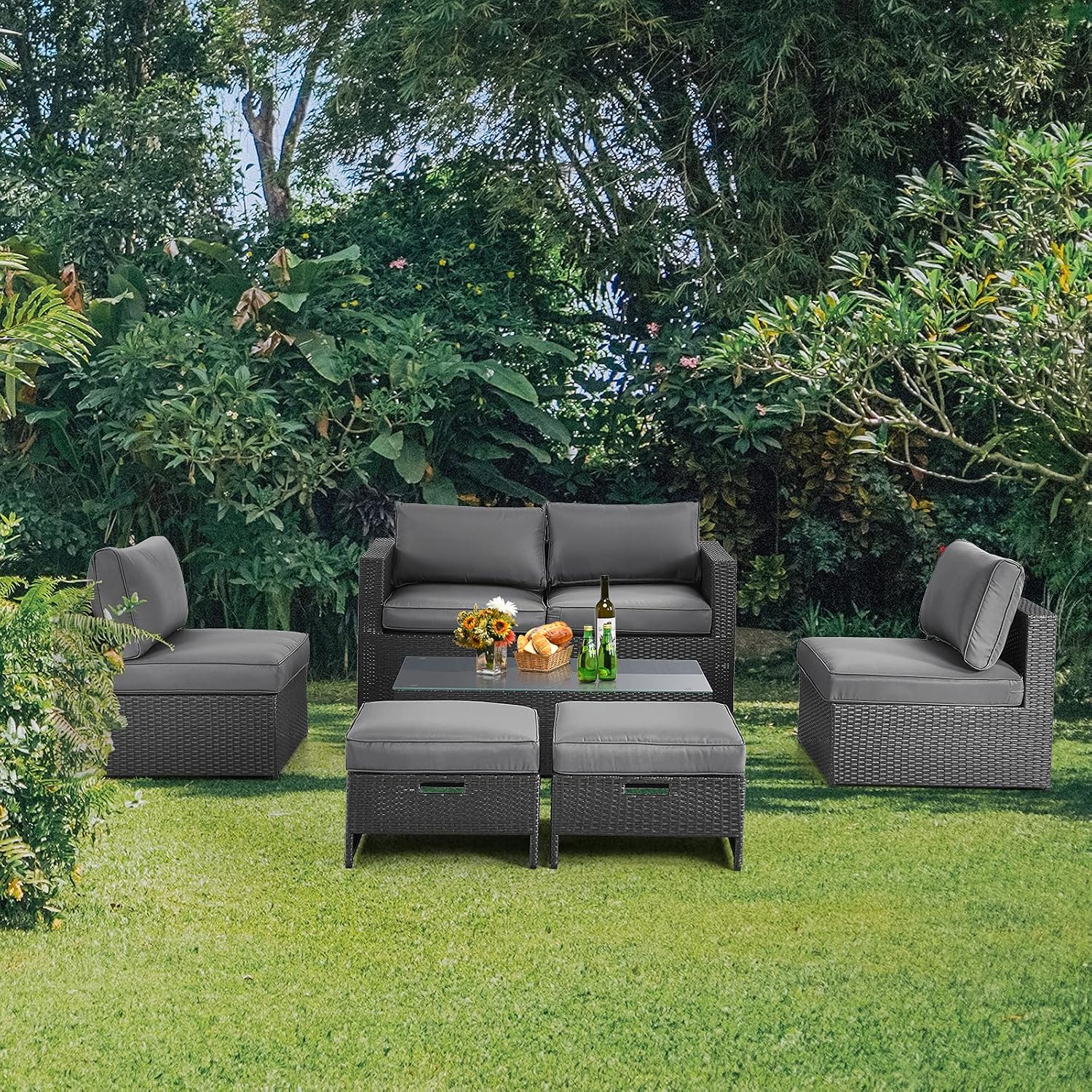 Tangkula 6 Pieces Patio Rattan Furniture Set, Patiojoy No Assembly Needed Space Saving Outdoor Conversation Set W/Glass Table & Cushioned Seat, for Backyard, Poolside, Porch and Deck