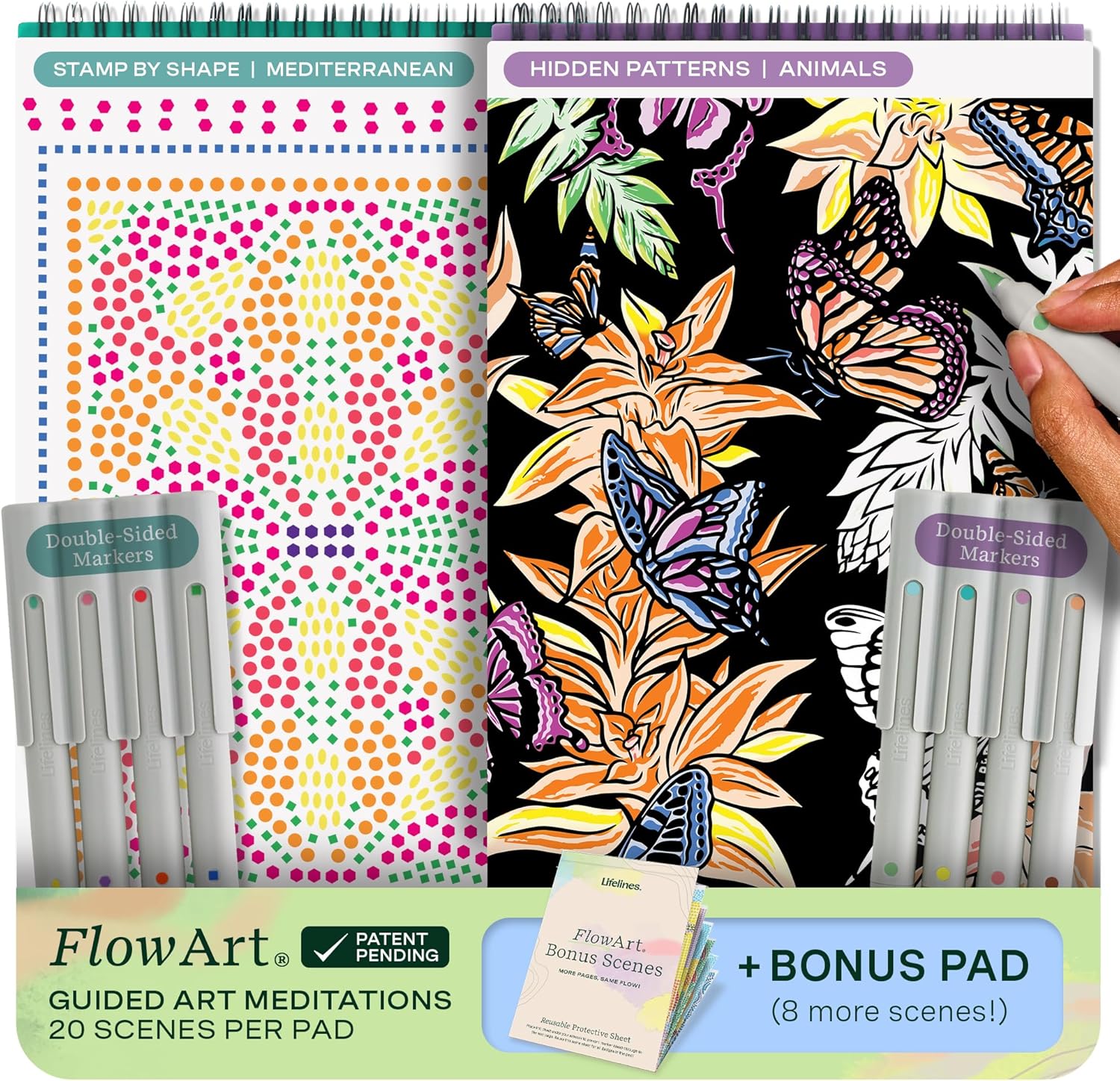 Lifelines FlowArt Activity Pads 2-Pack: Stamp-by-Shape & Hidden Patterns Coloring Books with 8 Double-Sided Markers, Bonus Pad - Guided Art for Stress Relief, Tweens to Seniors