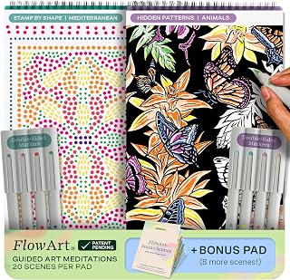 Lifelines FlowArt Activity Pads 2-Pack: Stamp-by-Shape & Hidden Patterns Coloring Books with 8 Double-Sided Markers, Bonus Pad - Guided Art for Stress Relief, Tweens to Seniors