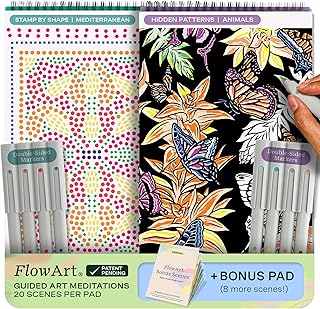 Lifelines FlowArt Activity Pads, 2-Pack with 8 Double-Sided Markers, 40 Scenes & Bonus Pad - Guided Dot Art Meditations - Stamp-by-Shape & Hidden Patterns Coloring Books for Tweens, Adults & Seniors