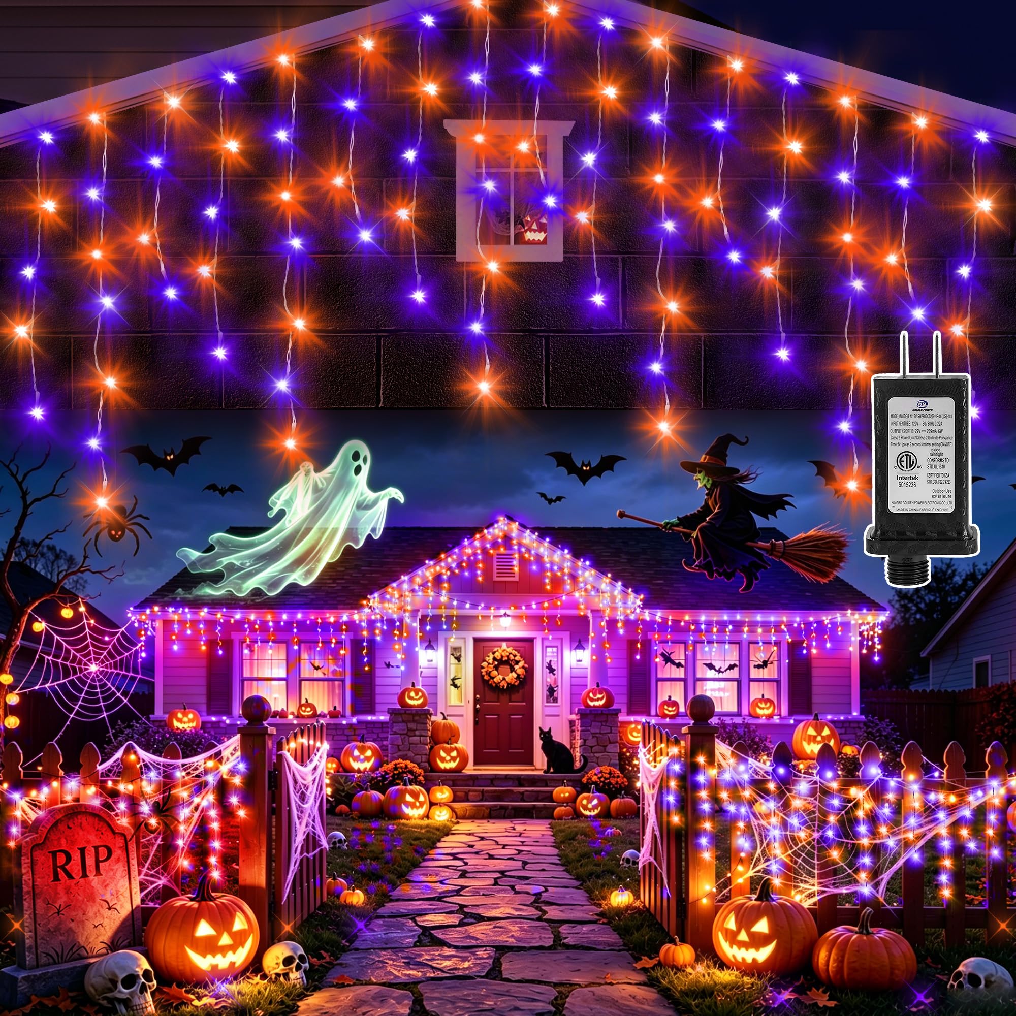 KNONEW 33FT 400 LED Orange Purple Halloween Lights Outdoor Decor