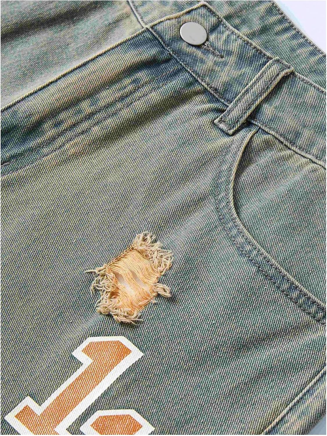 BEAUDRM Men's Vintage Graphic Jean Shorts Ripped Baggy Denim Shorts Jorts with Pockets