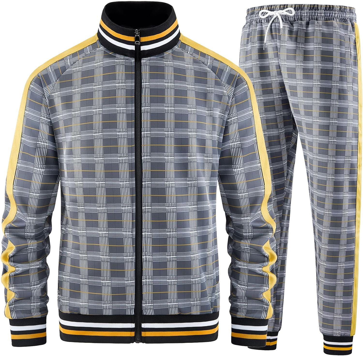 Aiozowa Men Tracksuits Full-zip Long Sleeve Plaid Track Jackets and Pants 2 Piece