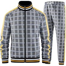 Men Tracksuits Full-zip Long Sleeve Plaid Track Jackets and Pants 2 Piece