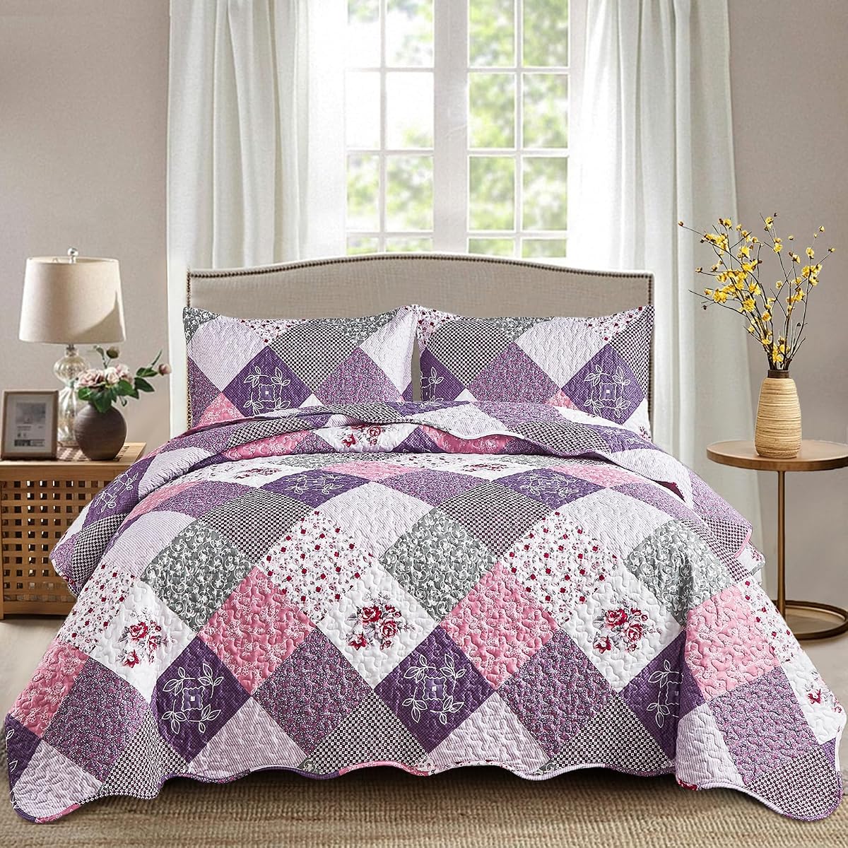 Dinjoy Purple Quilt Set King Size,Reversible Boho Patchwork Bedspreads | Soft Lightweight Microfiber Summer Coverlet Set, 3 Pieces Plaid Floral Bedspread, Bed Sets for All Season 104"x90"
