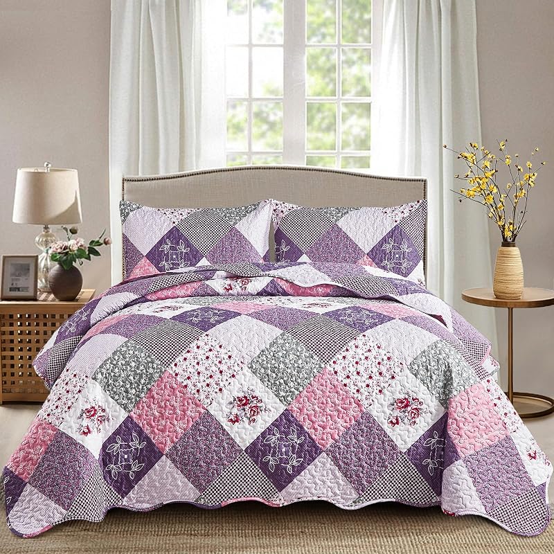 Dinjoy Purple Quilt Set King Size,Reversible Boho Patchwork Bedspreads | Soft Lightweight Microfiber Summer Coverlet Set, 3 Pieces Plaid Floral Bedspread, Bed Sets for All Season 104"x90"