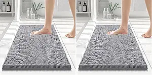 Smiry Luxury Chenille Bath Rug 24''x16'', Extra Soft and Absorbent Shaggy Bathroom Mat Rugs, Machine Washable, Non-Slip Plush Carpet Runner for Tub, Shower, and Bath Room, Dark Grey (Pack of 2)