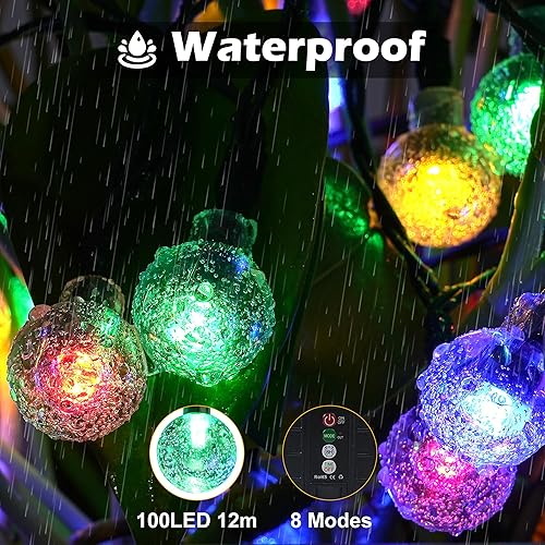 Miniatura 4 de Guirnalda de luces solares para exteriores, 100 luces LED de 40 pies de globo de cristal multicolor, 8 modos, luces solares impermeables, para