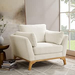 VANOMi Large-Sized Accent Chair with Thick Cushion and Oak Legs, Milky White Boucle