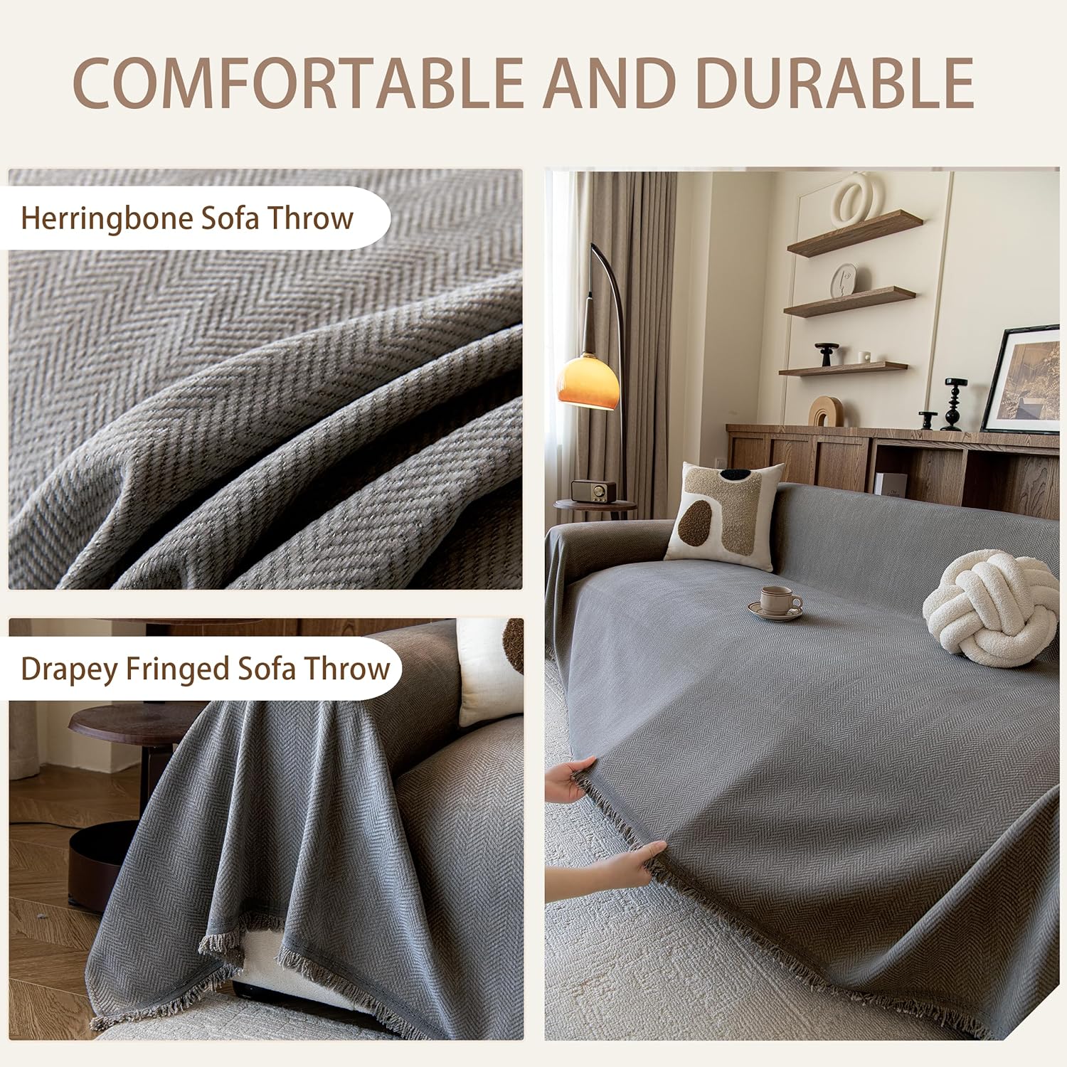 Couch Covers for Dogs 3 Cushion, Loveseat Slipcovers Washable, Pet L Shape Sectional Protector, Boho Sofa Blanket Cover, Herringbone Chenille, Grey, 71"x134"