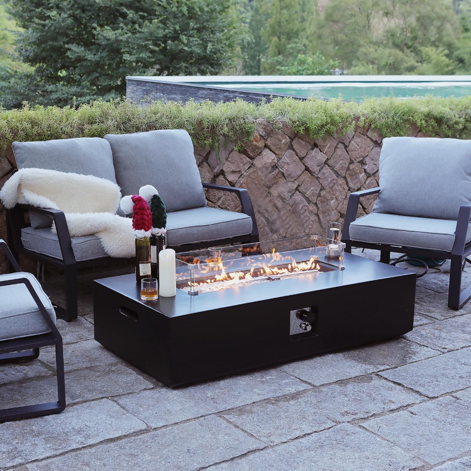 56" Outdoor Propane Fire Pit Table, Rectangle Terrazzo Fire Table w Glass Wind Guard(50,000 BTU), 2 Piece Gas Fire Table in Black w Fire Glass, Rain Cover for Outside, Backyard