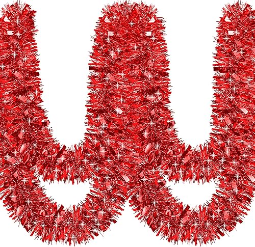 Guirnalda de oropel de Navidad de 50 pies, decoración roja para árbol de Navidad, guirnalda metálica con purpurina para decoraciones de Navidad,