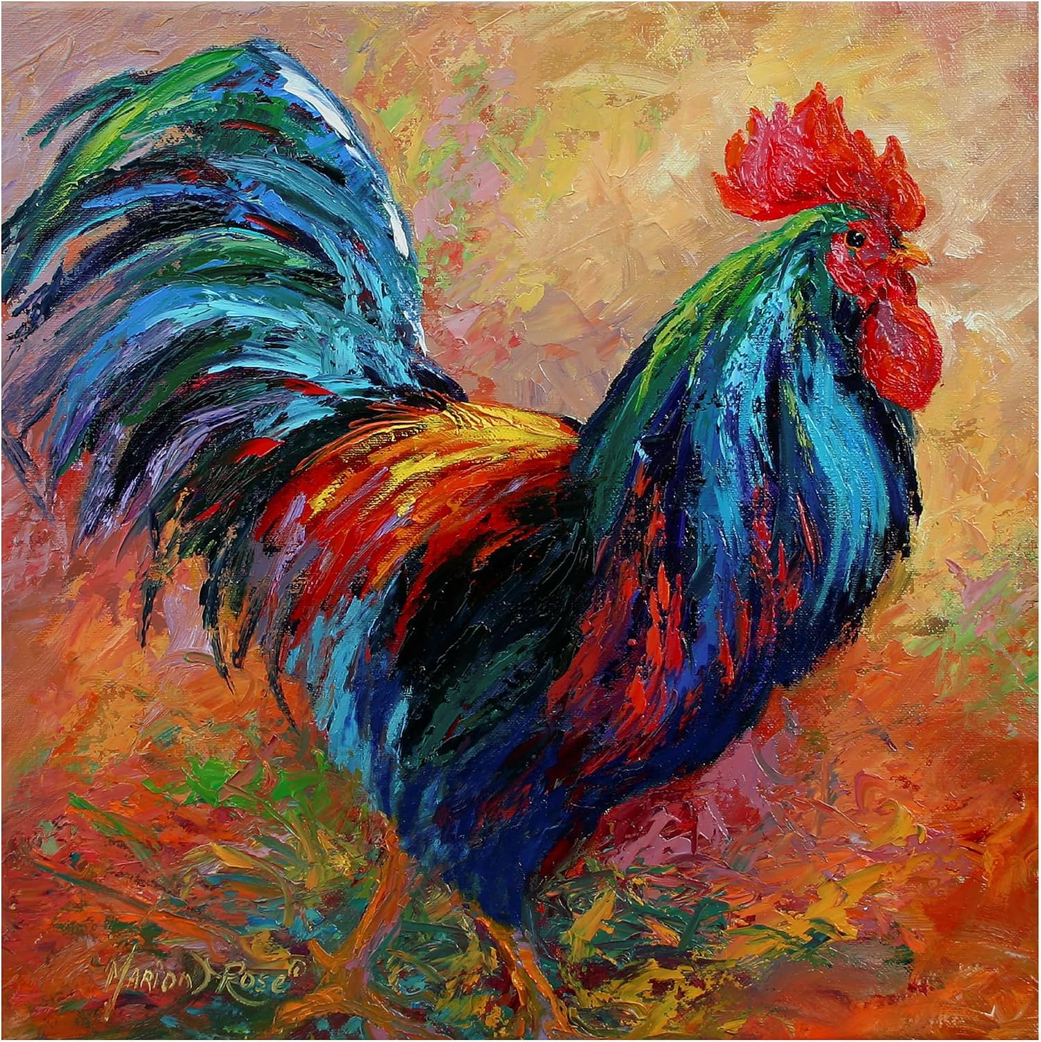 Wrapped Canvas Wall Art - Marion Rose 'Mr T Rooster' Wall Art for Living Room, Bedroom, or Office Décor - 18x18