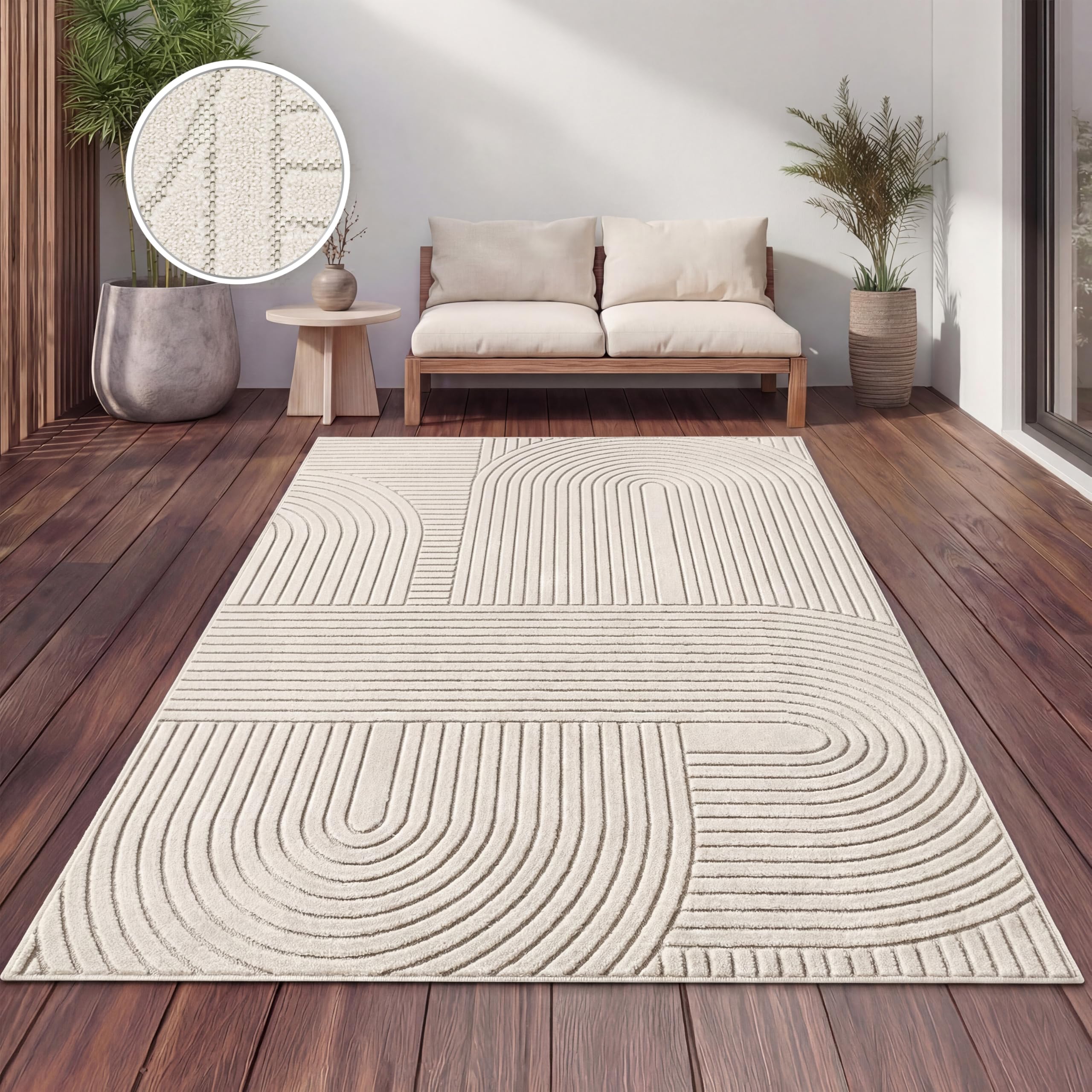 Paco Home Teppich Outdoor Wetterfest, Moderne abstrakte Boho Designs mit 3D Struktur, Pflegeleicht, ideal für Terrasse Wohnzimmer & Küche, Grösse:120x160 cm, Farbe:Creme 8