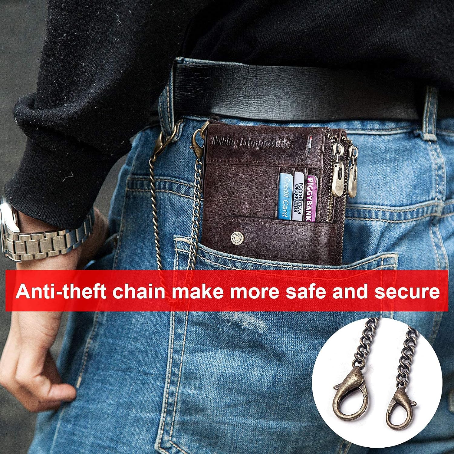 gzcz Chain Wallets RFID Wallets for Men Genuine Leather Wallet Zipper Bifold Wallet for Work, Travel, Outdoors With ID Window and Coin Purse | Zipper Bifold Wallet