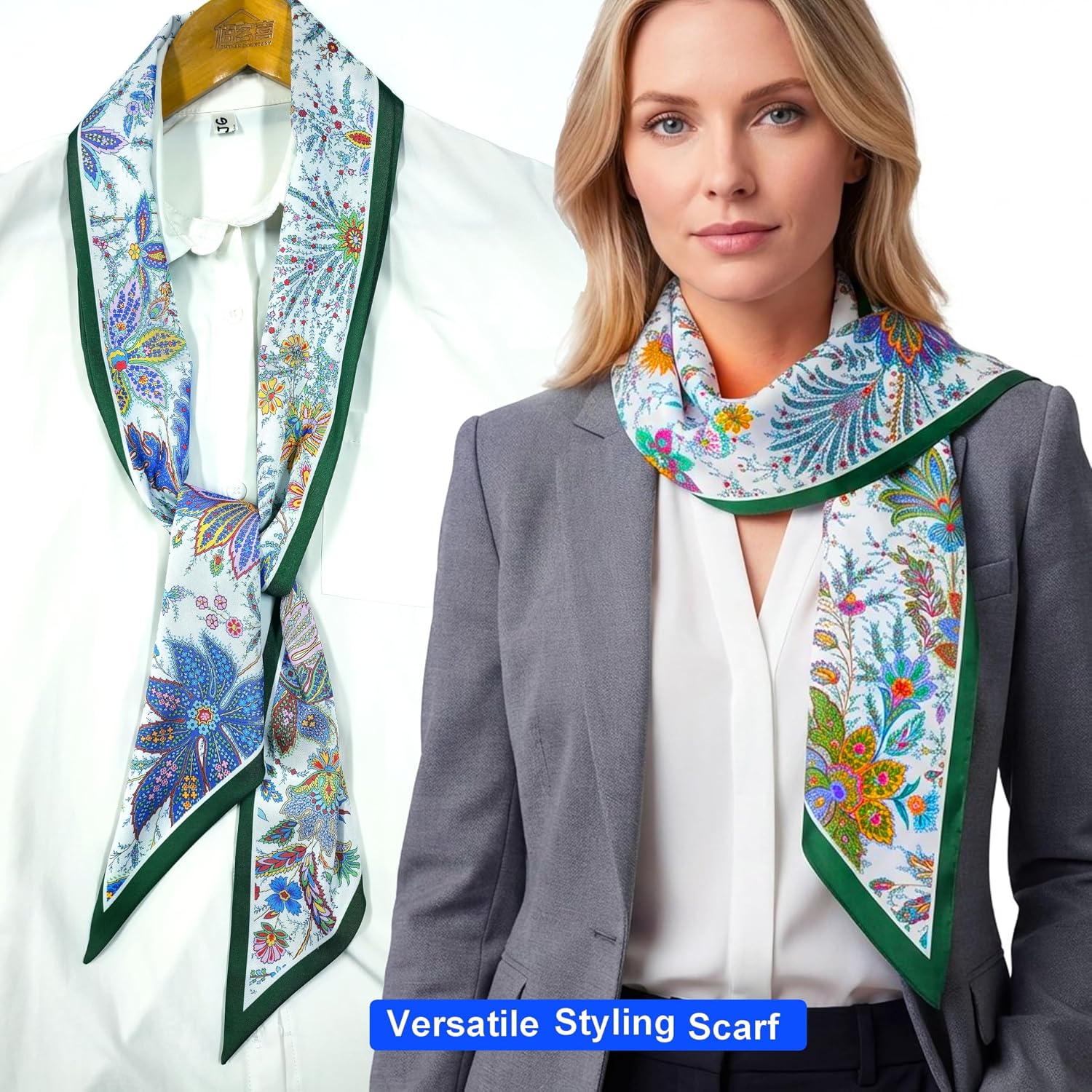 59" Long Skinny Scarf – Silk-Like Twill, Blue Paisley Scarf Belt, Versatile Hair, Neck & Purse Scarf Wrap