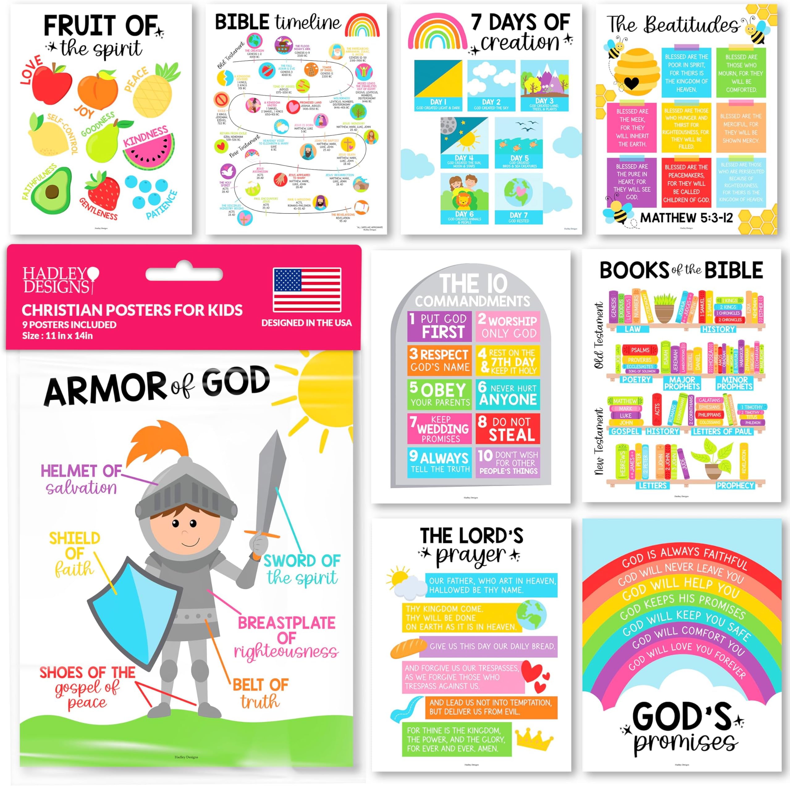 Hadley Designs Sunday School Decorations for Classroom – 9 Bible Posters for Kids, 11x14in Books of the Bible Poster, 10 Commandments, Fruits of the Spirit & More – Rainbow Christian Classroom Decor