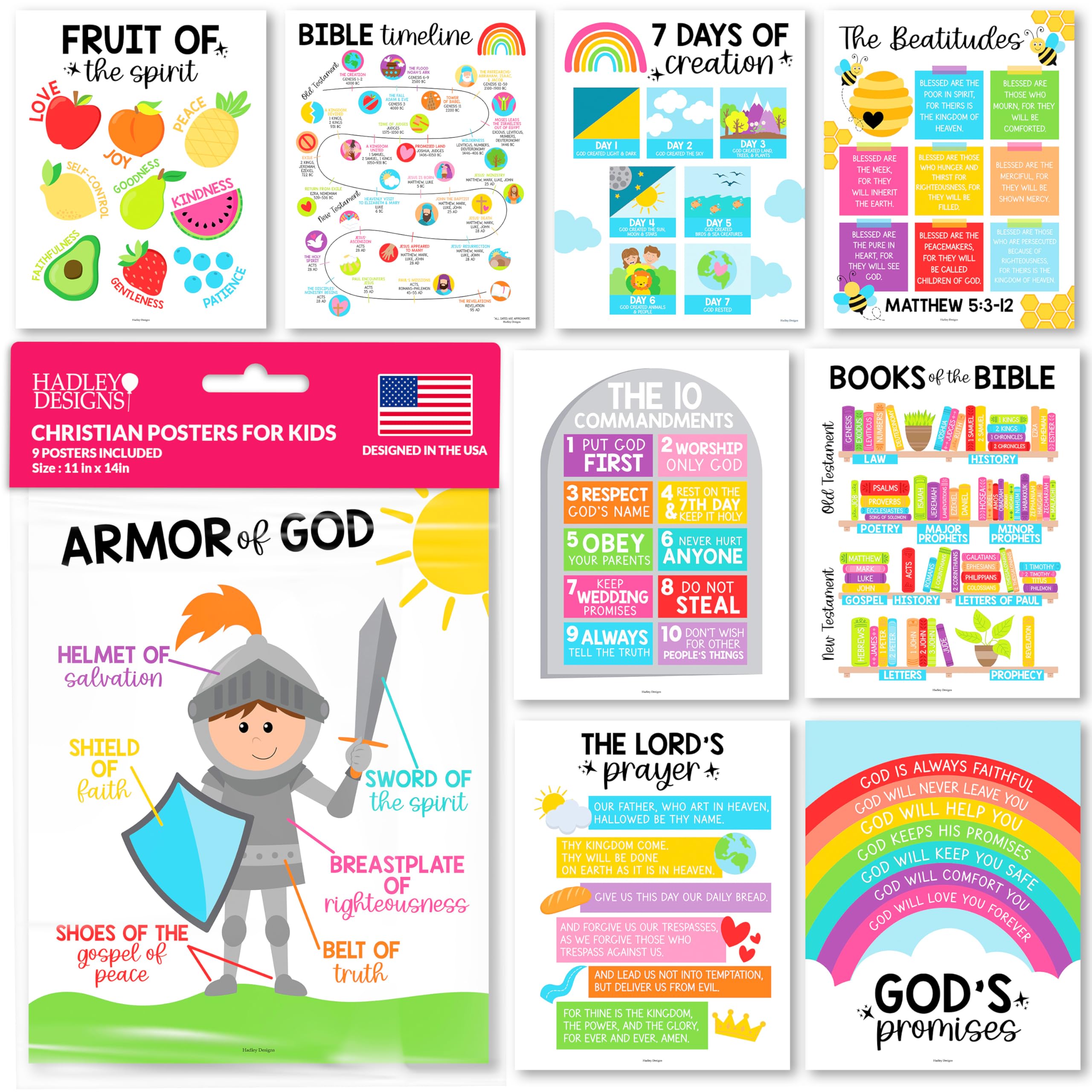9 Colorful Sunday School Decorations For Classroom - Sunday School Posters, Christian Posters, Christian Classroom Decor, Books Of The Bible Poster, 10 Commandments For Kids, Bible Timeline Chart