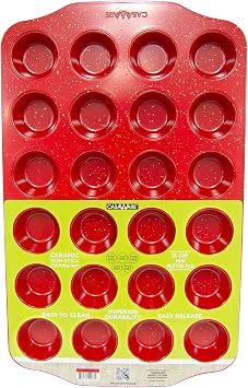casaWare Mini Muffin Pan 24 Cup Ceramic Coated Non-Stick Red Granite