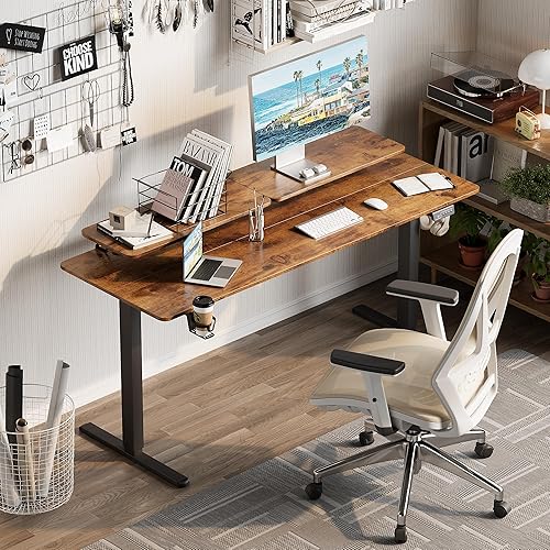 Miniatura 2 de Furmax Escritorio eléctrico de pie con monitor y estación de trabajo para laptop, escritorio de pie ajustable de 63 x 24 pulgadas, estación de