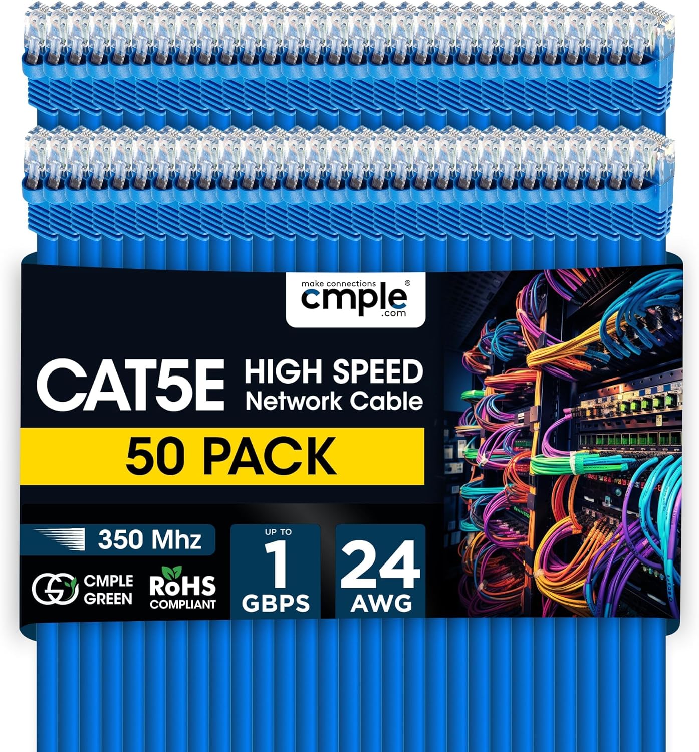 Cmple - 50 Pack Cat 5e Ethernet Cable 1.5 ft 1Gbps Cat5e Patch Cord with RJ45 Connectors 350MHz Internet Cables for Computer, WiFi Router, Modem - Blue