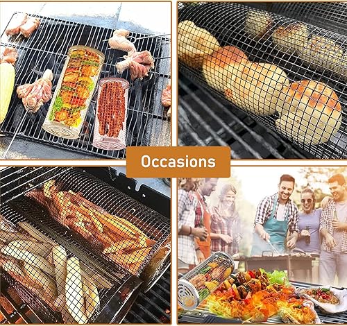 Miniatura 7 de 4 cestas enrollables para asar al aire libre, malla redonda para parrilla de barbacoa con cubierta de malla extraíble, accesorios portátiles para