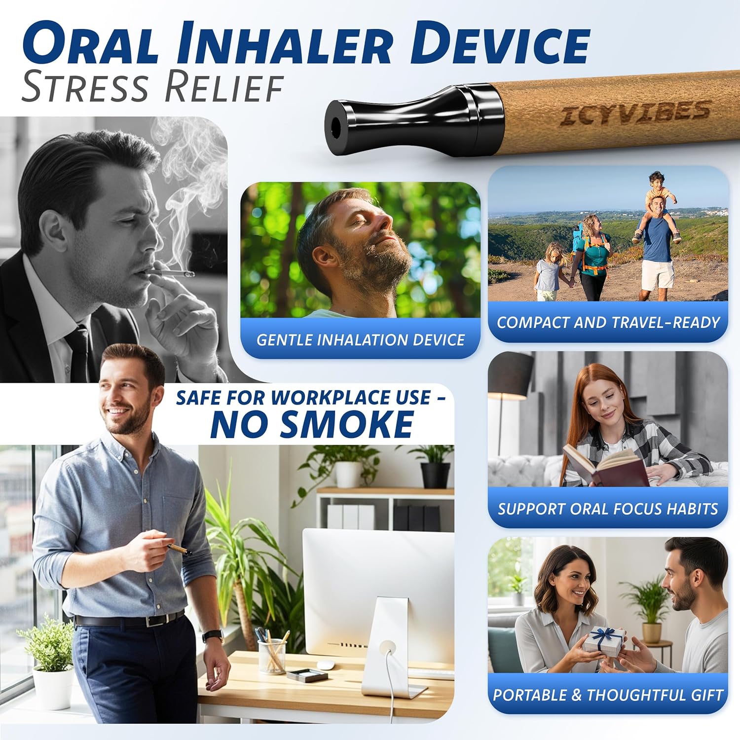 Premium Flavored Wooden Oral Inhaler vaporless Device with 15 Filters Upgraded Herbal Extracts Portable Natural Breathing Support Aroma Free Ideal Gifts for Men & Women Unique Ripple (Dark Wood)