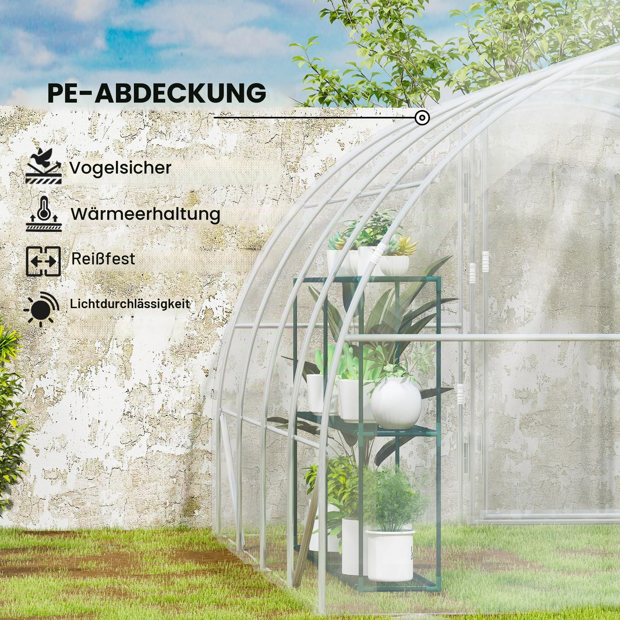 Outsunny Tunnel-Gewächshaus für den Garten 4 x 3 x 2 m 12 m² mit 2 klappbaren Türen, PE-Abdeckung 150 g/m² für Gemüse, Pflanzen und Blumen