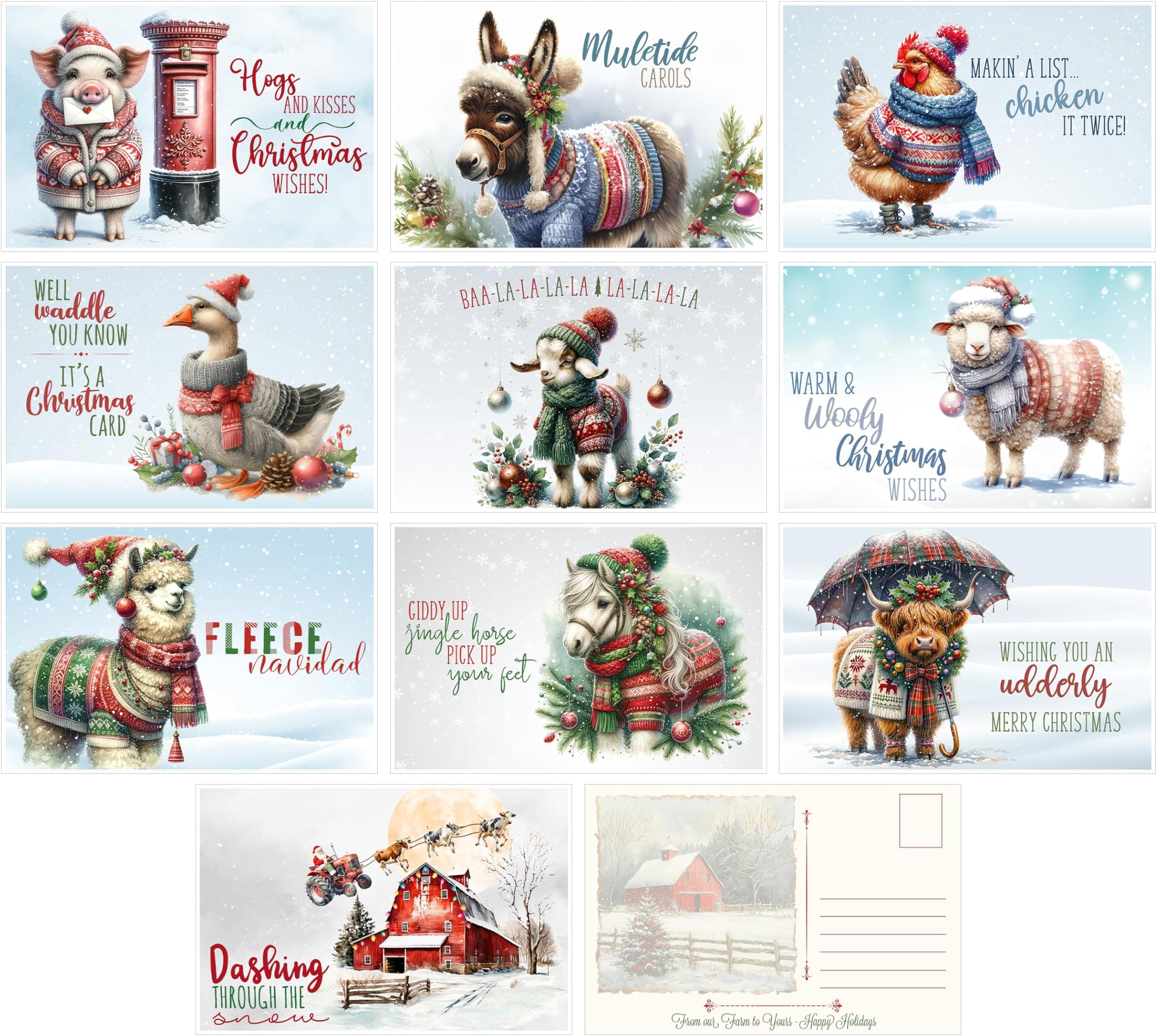 Waddle You Know It's A Christmas Card - Holiday Farm Animal Themed Post Card Assortment (20 included) Greeting Mutipack Bulk Lot Stamp Postcards for Mailing - Hogs and Kisses, Muletide Carols, More!